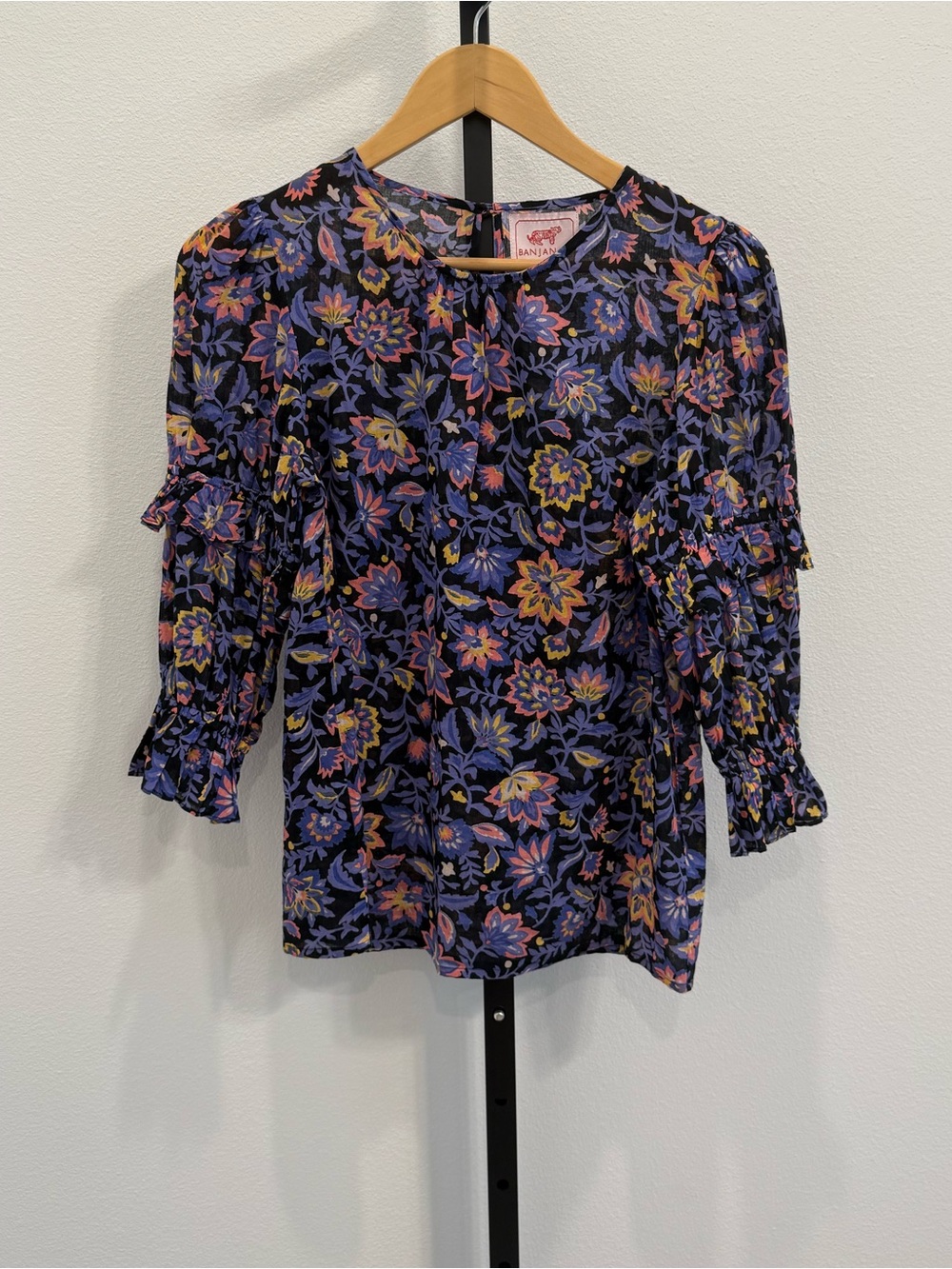 Banjanan Chloe Dark Black Floral Ruffle Sleeve Cotton blouse Romantic Feminine S